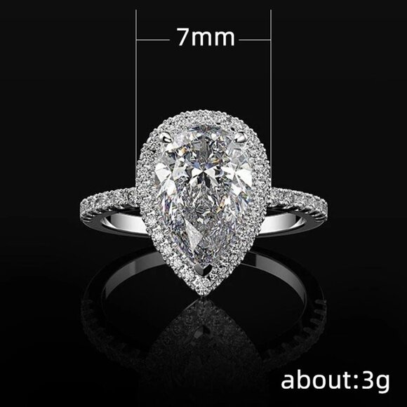 Elegant Water Drop Bright Zircon Thin Pear Wedding Ring for Women, PD510 - Picture 6 of 6